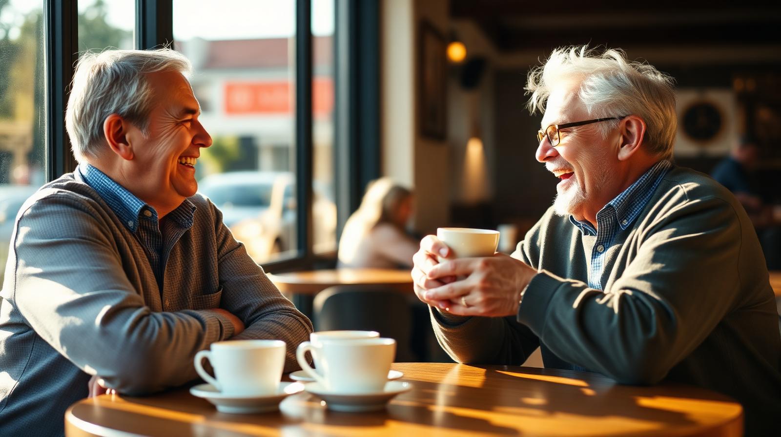 Two friends laughing over coffee at a sunlit cafe