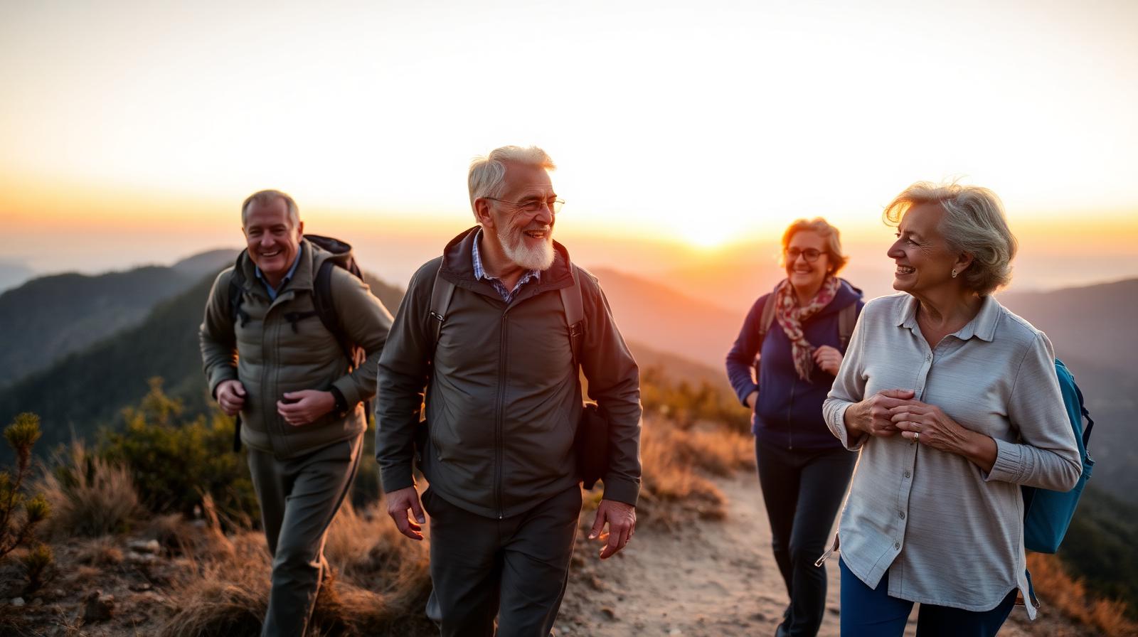 A small group of friends hiking together at sunset