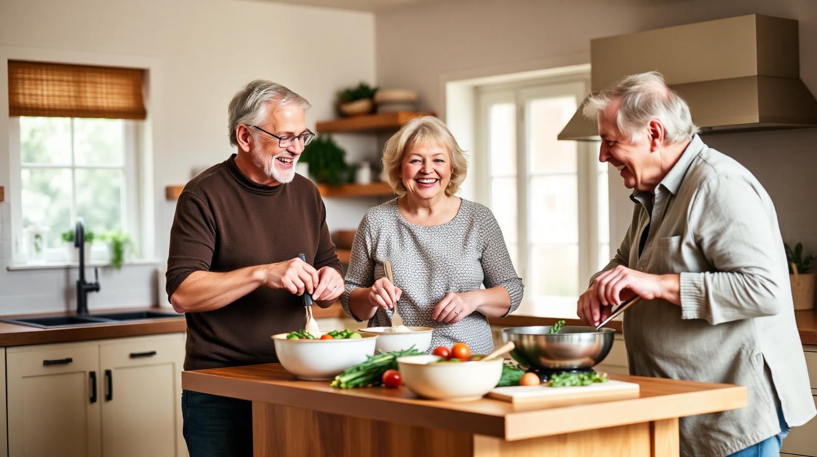 Three friends cooking and laughing together in a warm kitchen